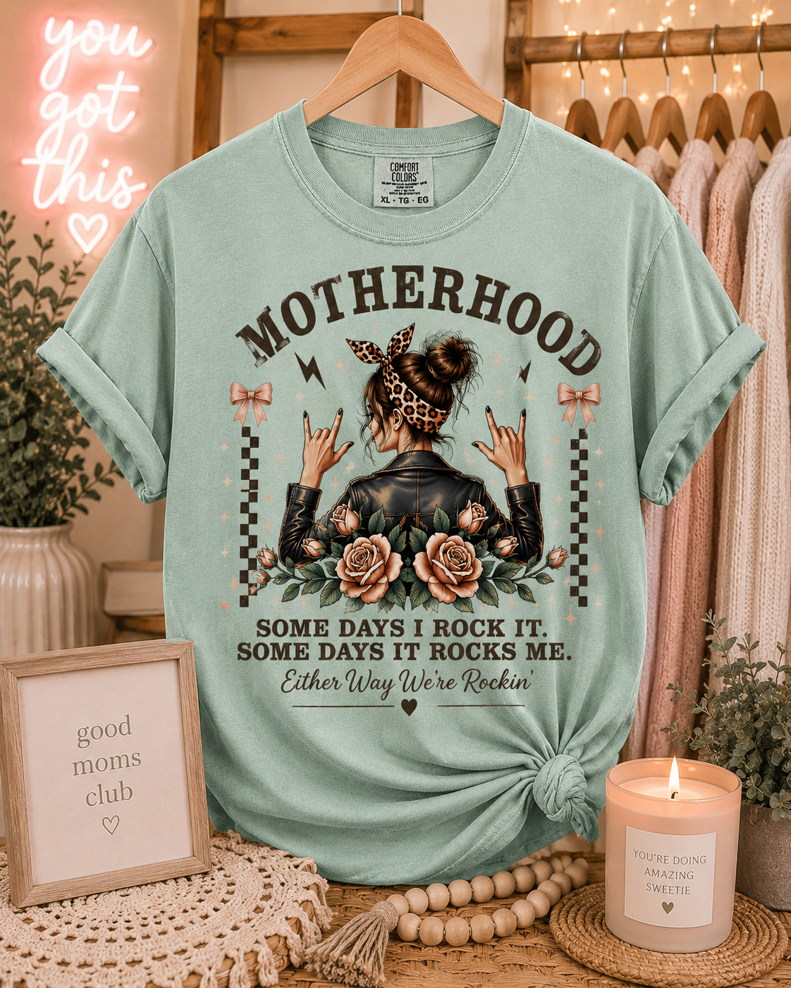 Motherhood Rockin Tee – Funny Mom Life Shirt, Trendy Mama Graphic Tee