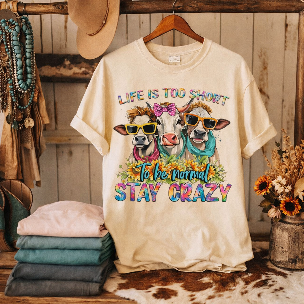Life Is Too Short Stay Crazy Cowgirl Cow Shirt | Funny Western Cow Tee | Colorful Farmhouse Graphic T-Shirt