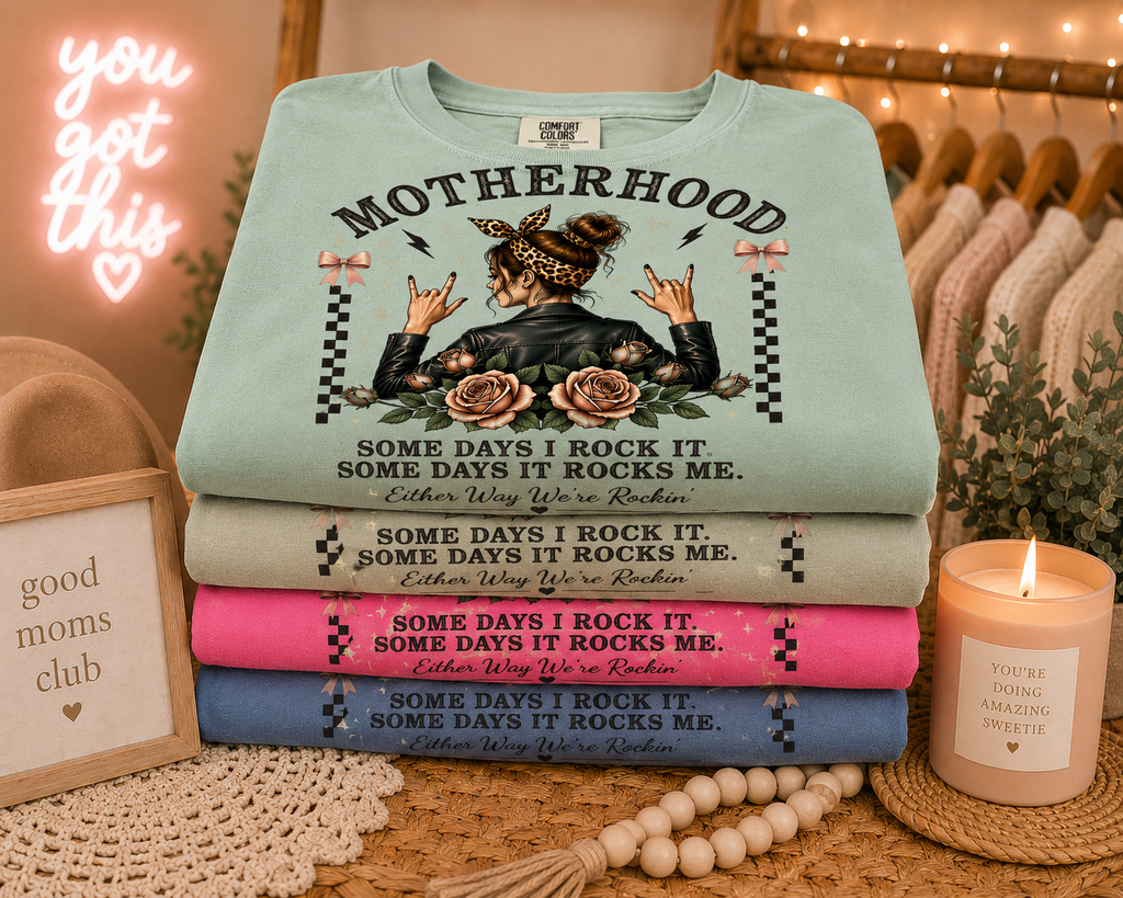 Motherhood Rockin Tee – Funny Mom Life Shirt, Trendy Mama Graphic Tee
