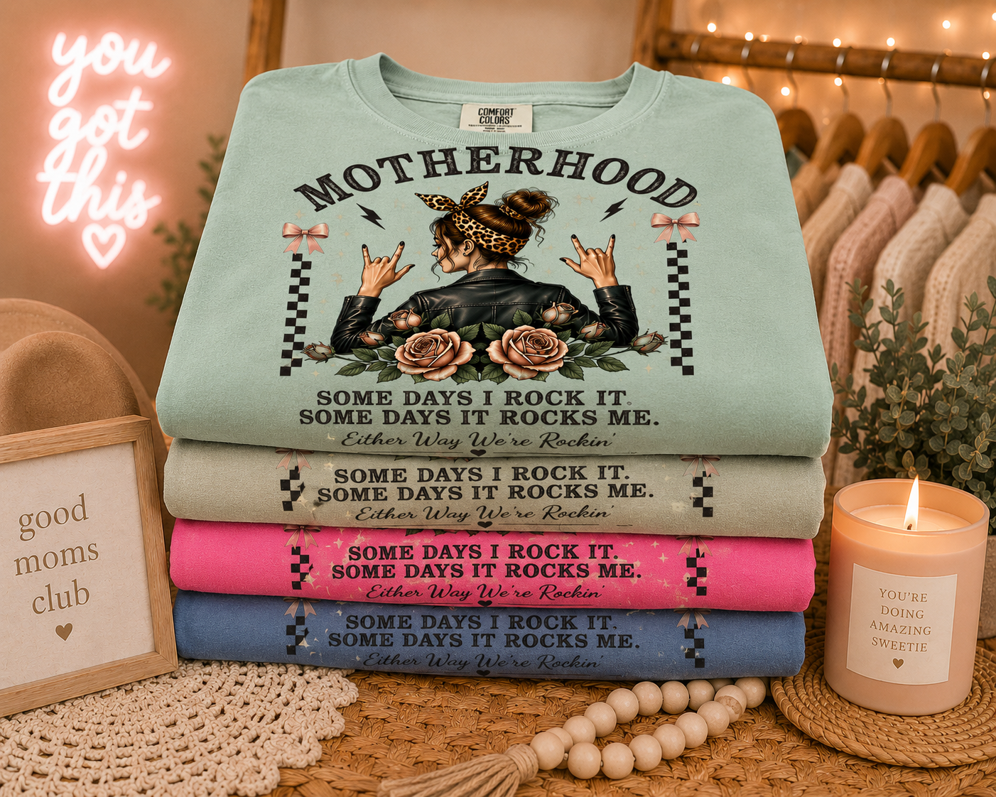 Motherhood Rockin Tee – Funny Mom Life Shirt, Trendy Mama Graphic Tee
