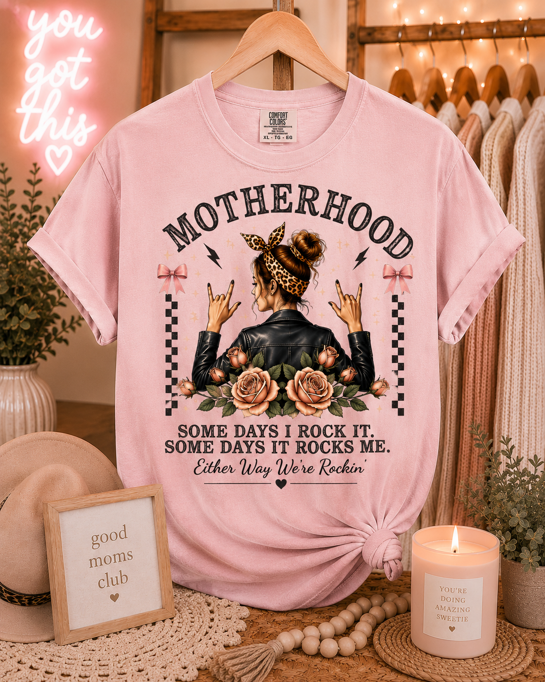 Motherhood Rockin Tee – Funny Mom Life Shirt, Trendy Mama Graphic Tee