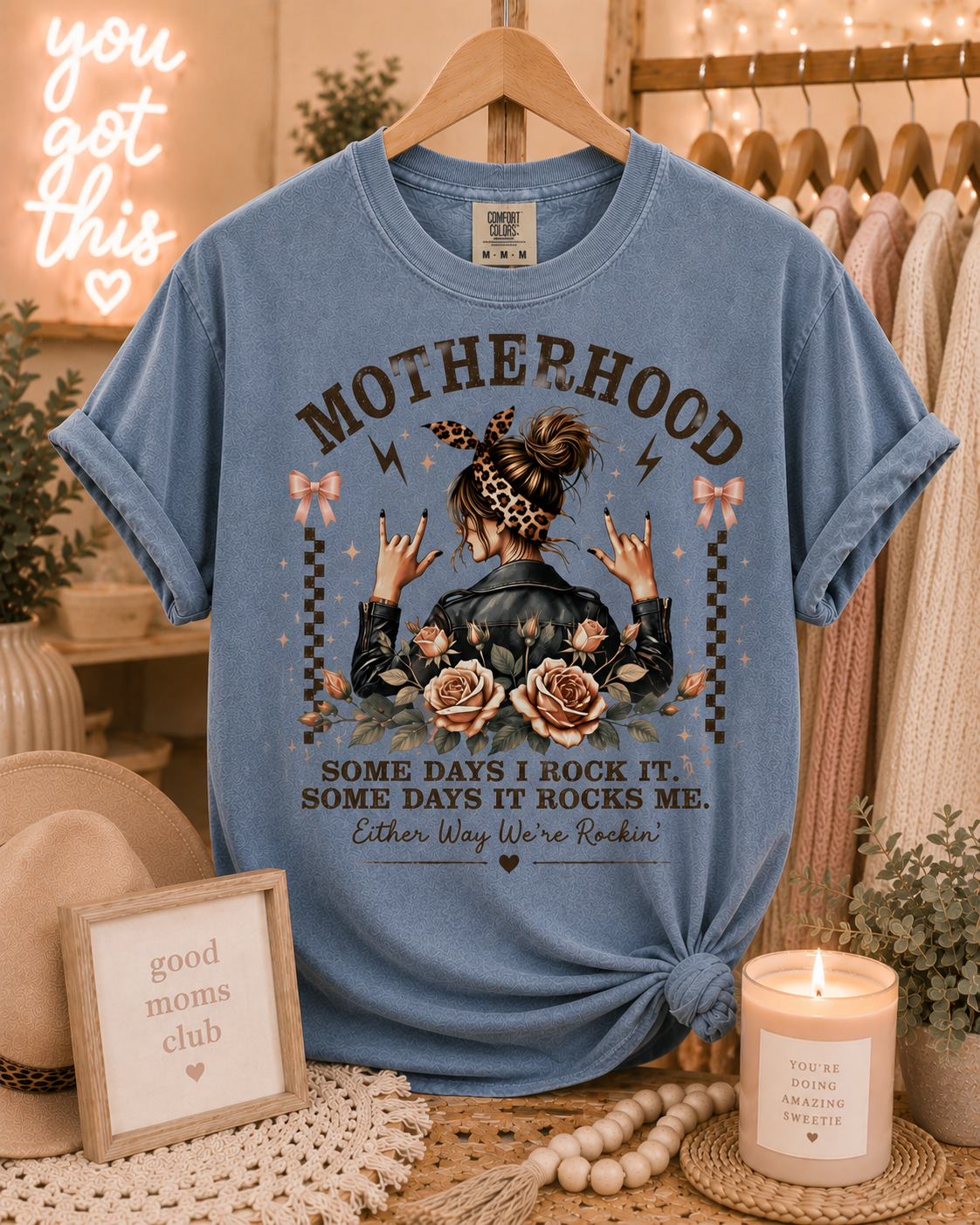 Motherhood Rockin Tee – Funny Mom Life Shirt, Trendy Mama Graphic Tee