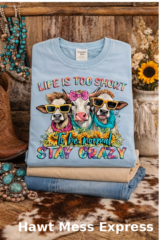 Life Is Too Short Stay Crazy Cowgirl Cow Shirt | Funny Western Cow Tee | Colorful Farmhouse Graphic T-Shirt