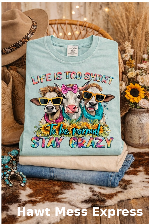 Life Is Too Short Stay Crazy Cowgirl Cow Shirt | Funny Western Cow Tee | Colorful Farmhouse Graphic T-Shirt