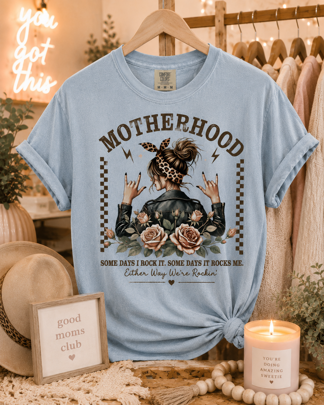 Motherhood Rockin Tee – Funny Mom Life Shirt, Trendy Mama Graphic Tee