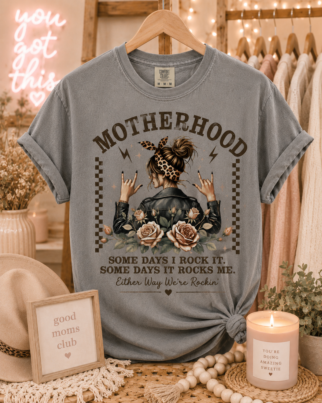 Motherhood Rockin Tee – Funny Mom Life Shirt, Trendy Mama Graphic Tee
