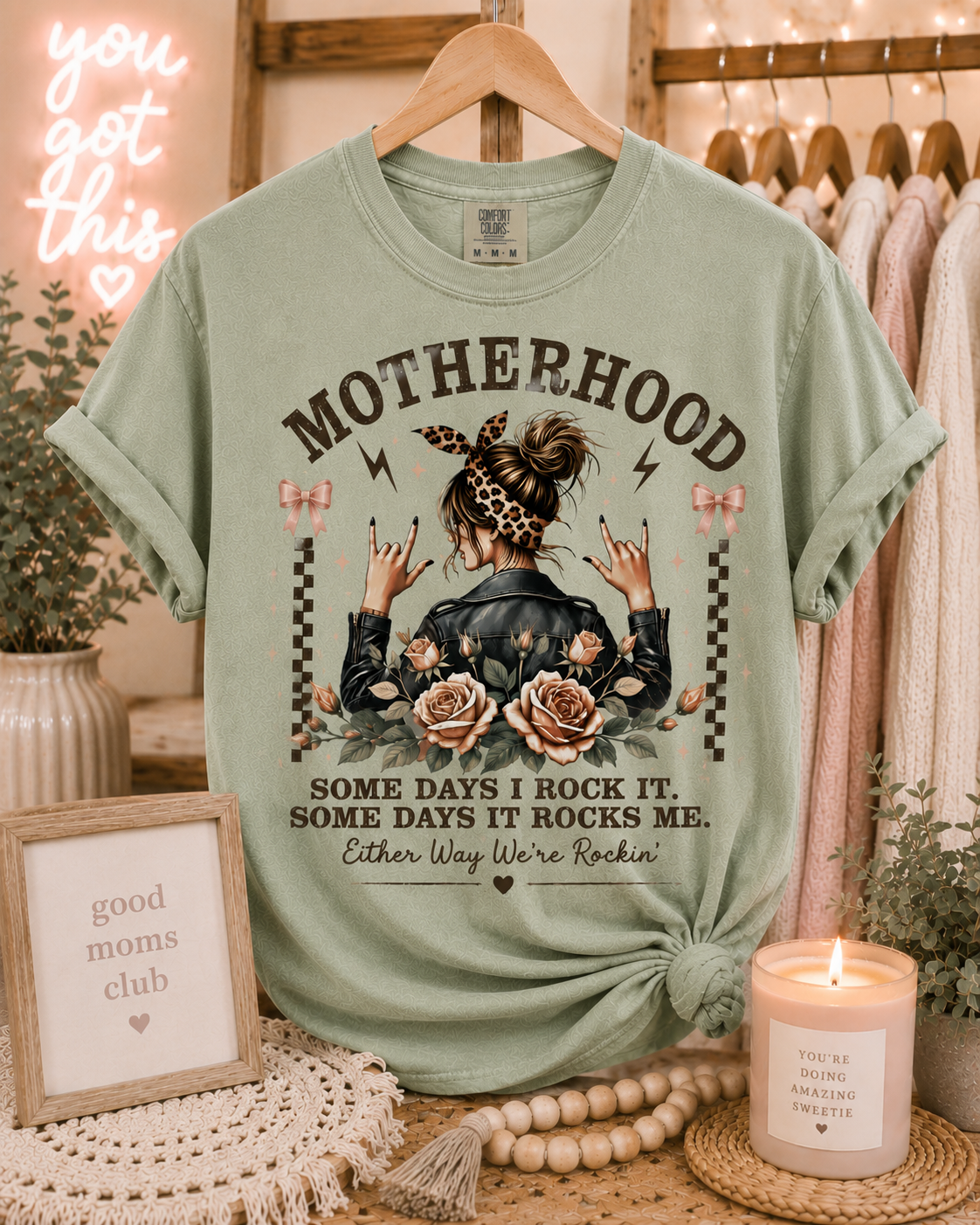 Motherhood Rockin Tee – Funny Mom Life Shirt, Trendy Mama Graphic Tee