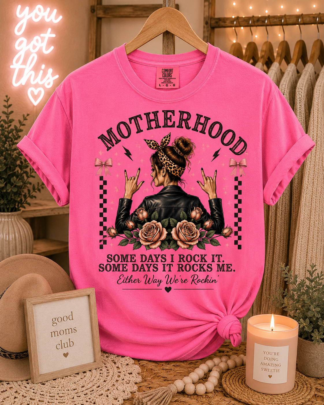 Motherhood Rockin Tee – Funny Mom Life Shirt, Trendy Mama Graphic Tee