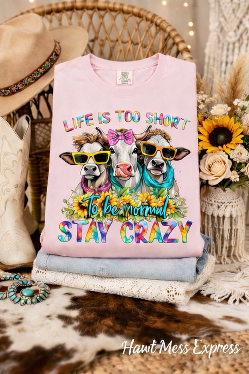 Life Is Too Short Stay Crazy Cowgirl Cow Shirt | Funny Western Cow Tee | Colorful Farmhouse Graphic T-Shirt