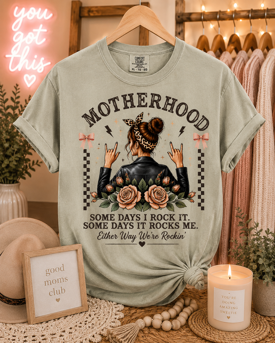 Motherhood Rockin Tee – Funny Mom Life Shirt, Trendy Mama Graphic Tee