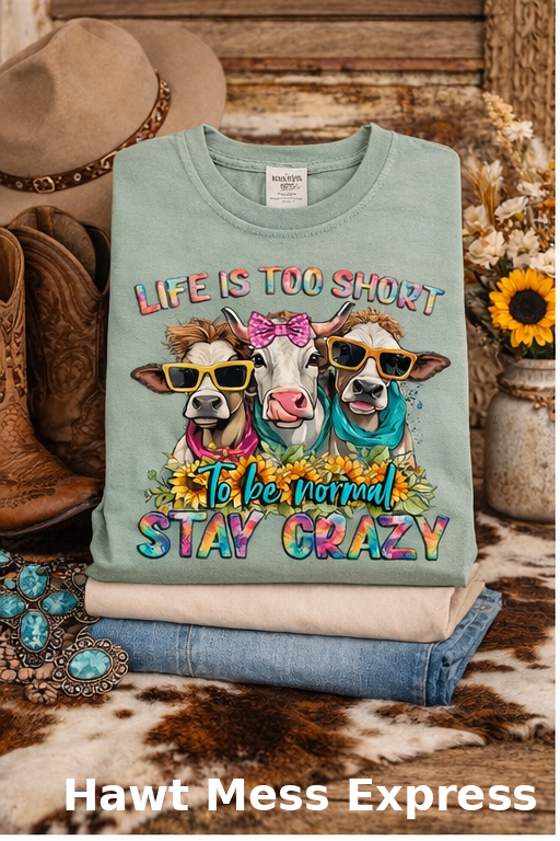 Life Is Too Short Stay Crazy Cowgirl Cow Shirt | Funny Western Cow Tee | Colorful Farmhouse Graphic T-Shirt