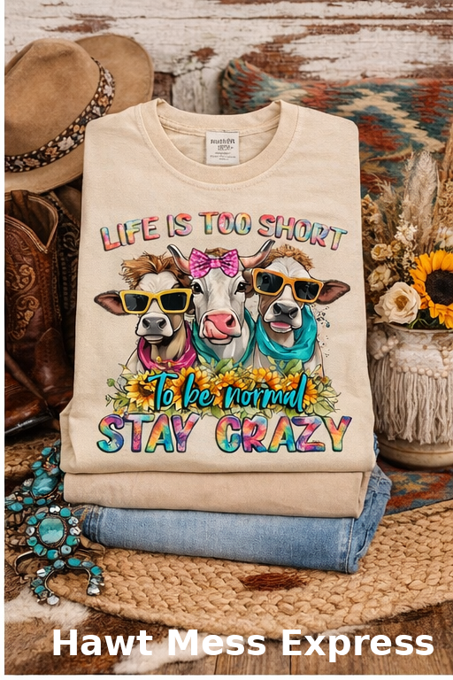Life Is Too Short Stay Crazy Cowgirl Cow Shirt | Funny Western Cow Tee | Colorful Farmhouse Graphic T-Shirt