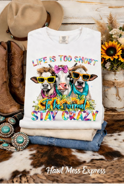 Life Is Too Short Stay Crazy Cowgirl Cow Shirt | Funny Western Cow Tee | Colorful Farmhouse Graphic T-Shirt